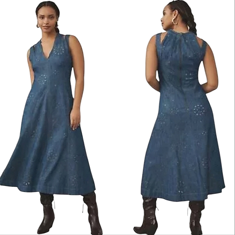 Nwot Anthropologie Grommet Cold Shoulder Denim V neck Midi Fit/Flare Dre…